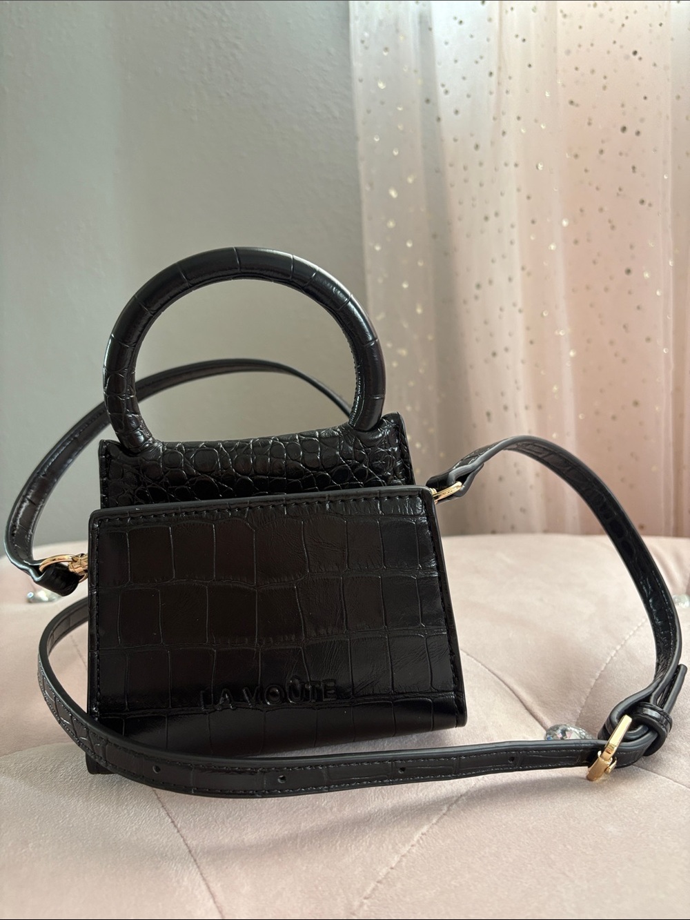 LA VOUTE Black Croc Embossed Mini Handbag